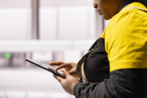 A woman conducting a health and safety audit