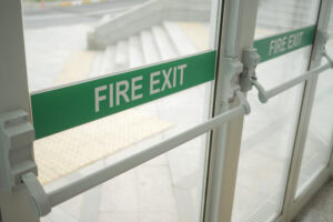 A fire exit door that would be used in a fire drill.
